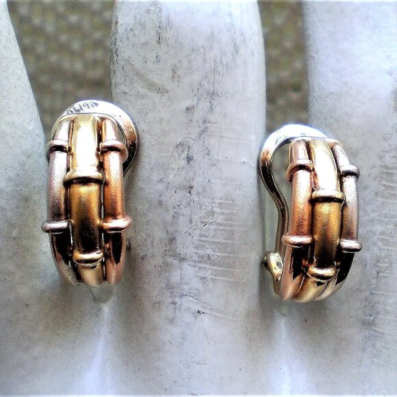 Designer Tri Color 14K Rose Yellow White Gold Bamboo Design Omega Back Earrings - Picture 5 of 7